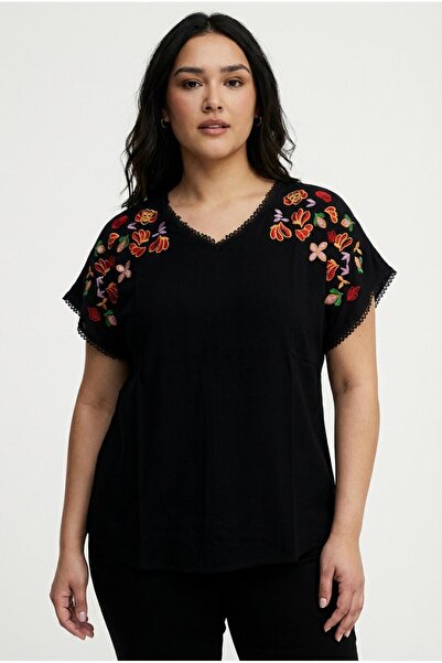 Ebsumu Bluză neagră de mărime mare pentru femei, cu detaliu brodat pe umeri