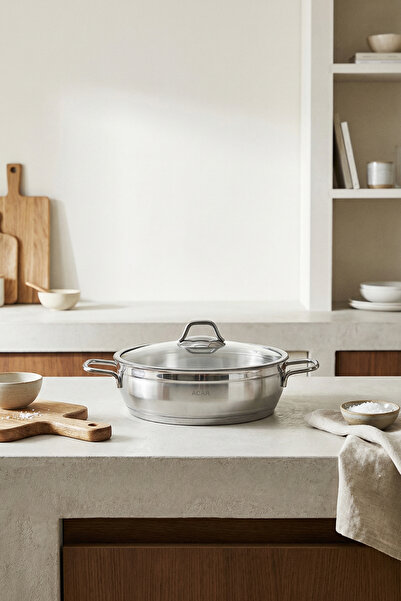 ACAR Oală din oțel inoxidabil Karat Oală plată de 28 cm cu capac de sticlă