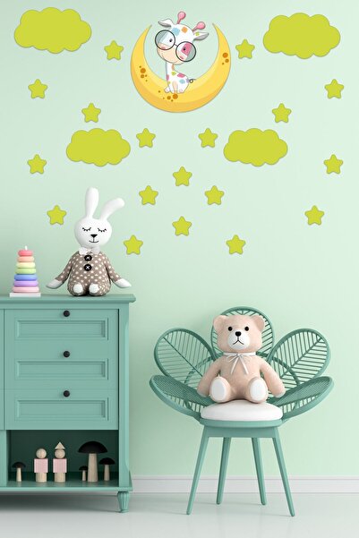 Tilki Dünyası ملصق حائط لطيف على شكل زرافة على القمر والسحب الخضراء والنجوم ا...