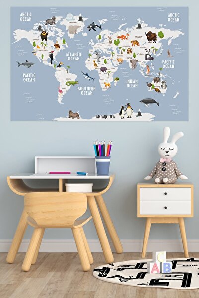 Tilki Dünyası Animal Kingdom Grey World Map Autocolant de perete pentru copii...