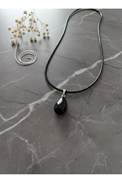 Meneva Aksesuar Obsidyen Doğal Taş Deri İpli Kolye
