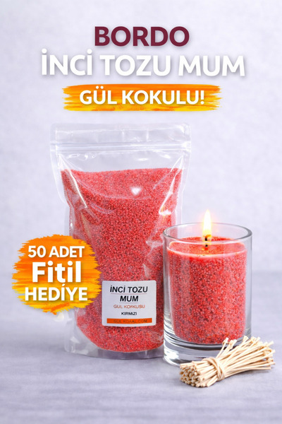 MUMTEDARİK İnci Tozu Mum Bordo – Gül Kokulu + 50 Fitil Hediyeli