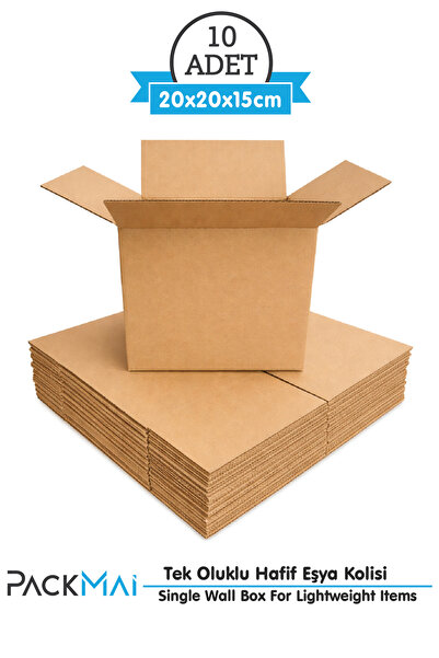 PackMai 20x20x15 cm Koli - Kutu | 10'lu Paket 3 mm Hafif Eşya Kutusu Tek Oluklu