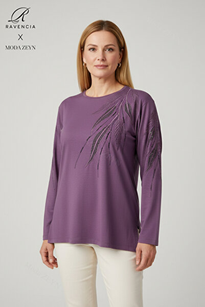 Ravencia Γυναικεία μπλούζα από χτενισμένο βαμβάκι με ροζ φύλλα, πέτρινο σχέδι...