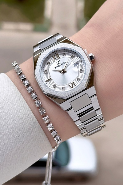 Daniel Klein Silver color women's wristwatch and bracelet set with gift packa...