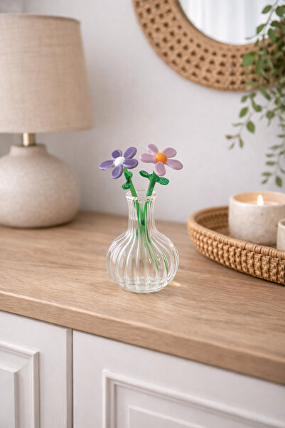 ADAMODART Minyatür 2'li Cam Papatya Mini Vazo Set - Pembe ve Mor