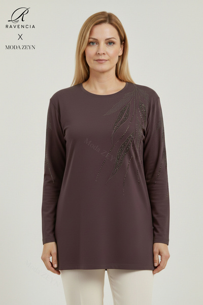 Ravencia بلوزة نسائية من القطن الممشط باللون البني مطرزة بنقشة أوراق الشجر وف...