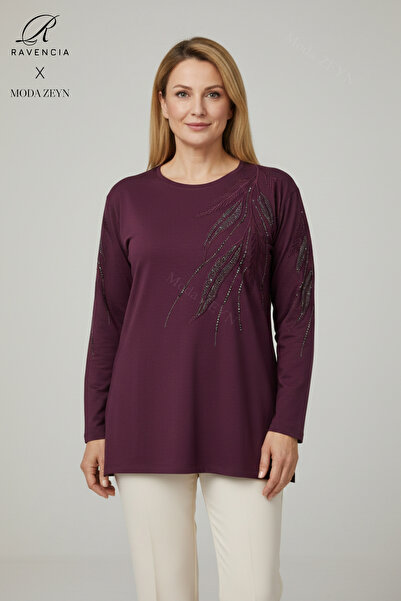 Ravencia بلوزة نسائية من القطن الممشط باللون العنابي مع نقش أوراق الشجر وفتحة...