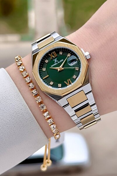 Daniel Klein Gold silver green color 30mm women's watch and bracelet set with...