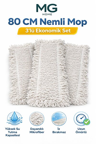 MG HOME 3 Adet 💙 80 Cm Beyaz Nemli Mop 💙Paspas Kuru ve Islak Kullanım💙 Nem...