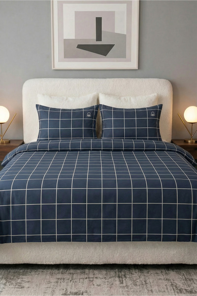 Benetton Gri Çizgili Çift Kişilik Ranforce Nevresim Seti