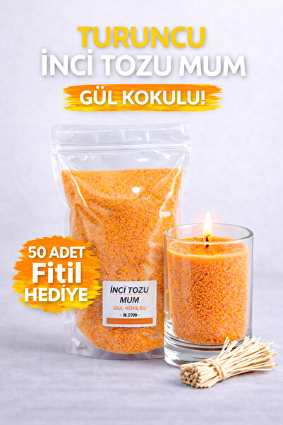 MUMTEDARİK İnci Tozu Mum Turuncu – Gül Kokulu + 50 Fitil Hediyeli