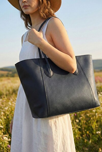 Women's Black Leather Modern Design Hand and Shoulder Bag