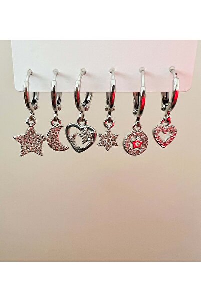 ACAR TAKI Set of 6 Hearts and Stars Earrings-Silver Color Acr8994