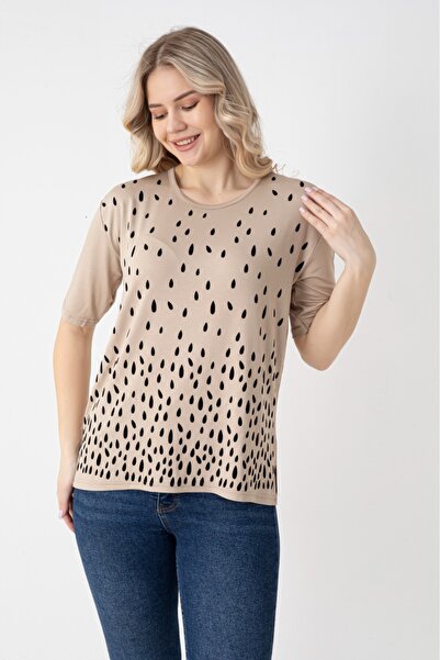 Orly More Viskon Kumaş Mini Yırtmaçlı Kısa Kollu Baskılı Anne Penye Bluz