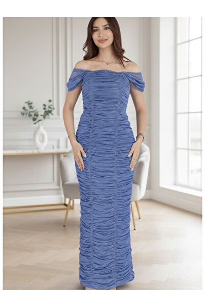 Nice Model Alluring Sapphire Off-Shoulder Evening Gown Ruched Crepe Maxi Dres...