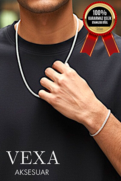 Vexa Aksesuar İthal Premium Yuvarlak Kral Zincir Çelik Kolye ve Bileklik Seti...