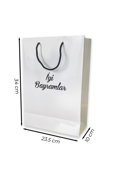 ABB Matbaa 10 Adet Beyaz İyi Bayramlar Karton İpli Çanta Kağıt Poşet (23.5x34...