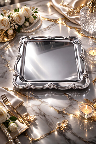 Ogeda Home, Gümüş Üzeri Gümüş Gül Figürlü Sunum Tepsisi– Tek Kişilik Dekorati...