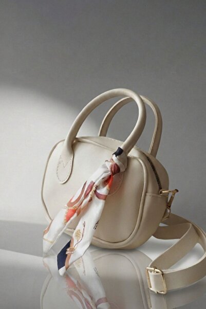 VivazzaLuxe Fular Detaylı Krem Deri Mini Trend Kadın El ve Omuz Çantası – Sad...