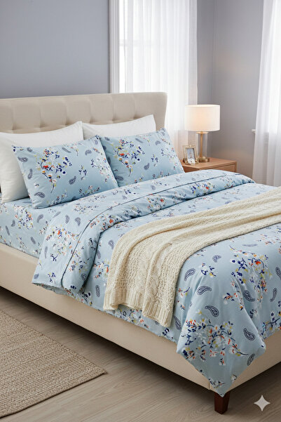 CARWEN TEKSTİL Single Ranforce Cotton Fabric Elastic Sheet Set Blue Ethnic