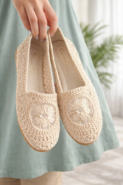 Behtah Kundura Kadın Önü Kapalı Hasır Babet Dantel Örme Çeyiz Günlük Babet