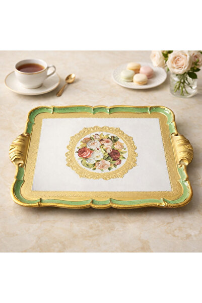 esdekor L & M Florance Art Italyan Dikdörtgen Kulplu Gül Ağacı Büyük Tepsi El...