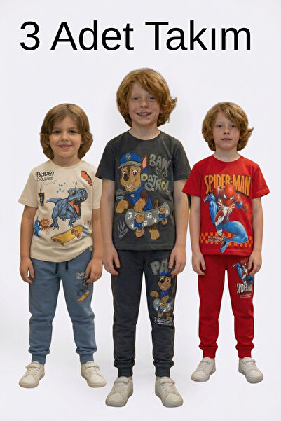 Zekalya طقم رياضي قطني للأولاد مكون من 3 قطع - بنمط الديناصورات، باو باترول، ...