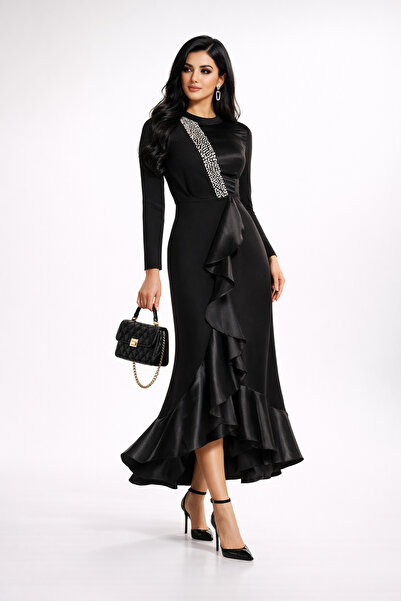 Stylish فستان من ستايلش أنيق باللون الأسود مزين بكريستال على الصدر