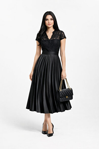Stylish فستان من ستايلش اسود من الدانتيل وبكسرات من الساتان