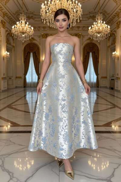 Moda Amore فستان سهرة طويل بدون حمالات من الجاكار |   فستان سهرة أنيق للمناسب...