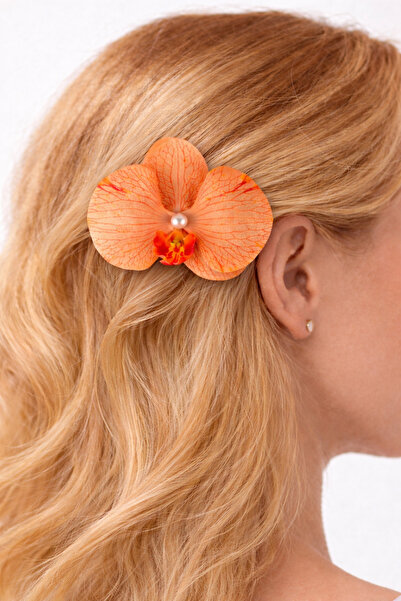 Floray Design El Yapımı Turuncu Orkide Çiçek Toka