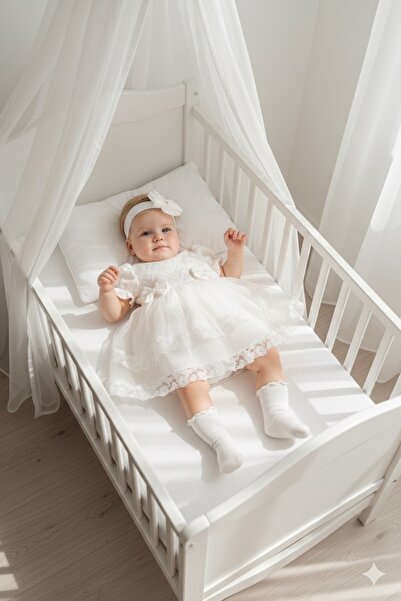 Miniday Baby Kız Bebek Mevlütlük Elbise Yazlık Bandanalı Dantelli Yeni doğan ...