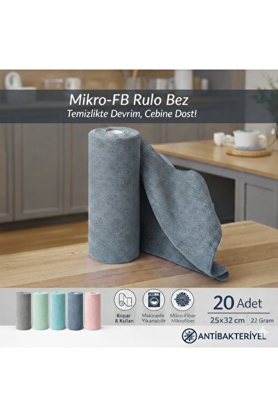 FB Cup (20'li Rulo) Mikro-FB Çok Amaçlı %100 Mikrofiber Temizlik Bezi 25x32 K...