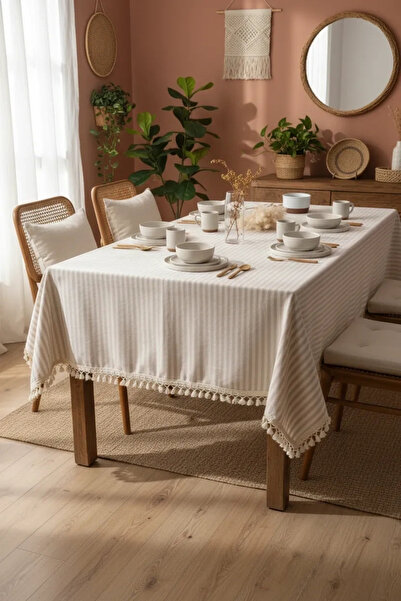 NDC HOME مفرش طاولة من الكتان المخطط باللون البيج