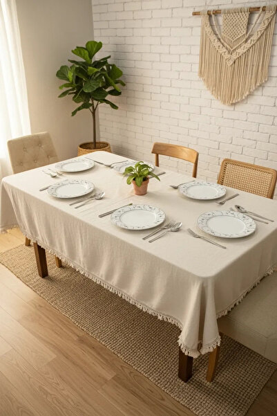 NDC HOME Ham Keten Organik Krem Kahverengi Şeritli Ponponlu Masa Örtüsü