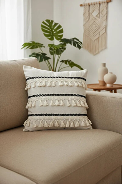 NDC HOME غطاء وسادة كريمي من الكتان بتصميم خاص مخطط باللون الأسود