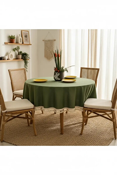 NDC HOME Premium Keten HAKİ Yuvarlak HAM PONPONLU Masa Örtüsü