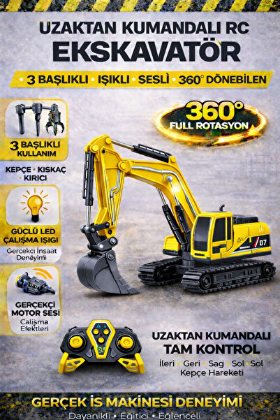 YILDIRIM OYUNCAK Uzaktan Kumandalı RC 360° Dönen 3 Başlıklı Ekskavatör | LED ...