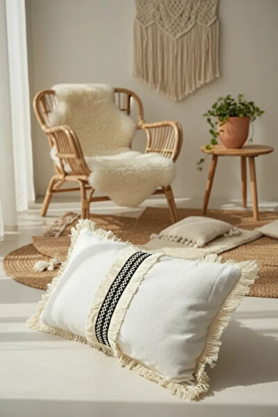 NDC HOME Лляна кремова подушка з чорною бахромою та стрічкою - чохол (35x55)