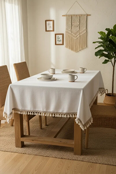 NDC HOME Față de masă cu pompon cu dungi din bumbac alb