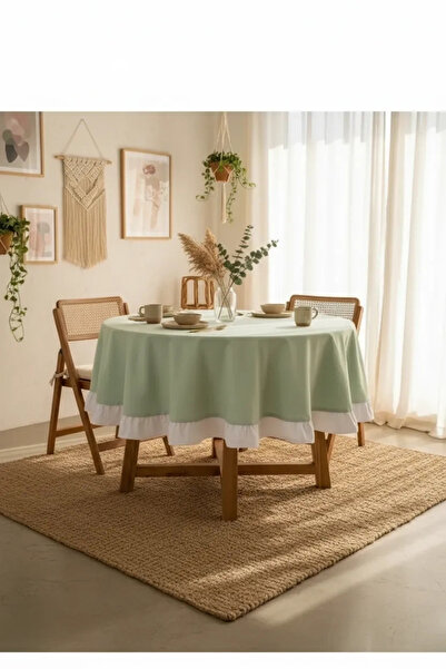 NDC HOME Față de masă rotundă (albă) cu volane din in verde