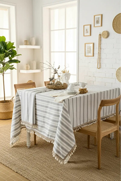 NDC HOME مخطط رمادي مخطط مفرش المائدة بوم بوم