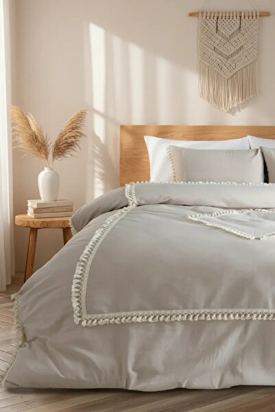 NDC HOME Set de husă de pilotă unică cu pompon dublu din lenjerie de in, bumb...