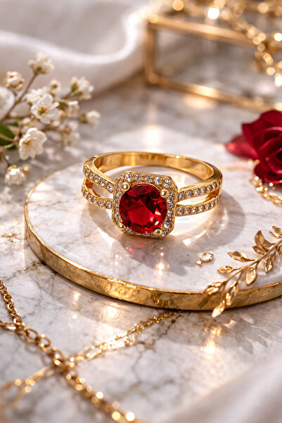 PORSE Bordo Taşlı Zirkon Hürrem Ayarlanabilir Gümüş Renkli Çelik Yüzük