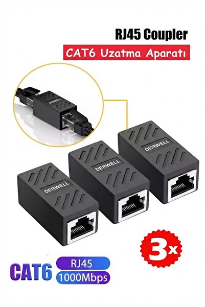 Derwell 3 Adet 3x Gigabit Destekli RJ45 Dişi Dişi CAT5E/CAT6/7/8 Ethernet Lan...