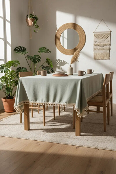 NDC HOME Premium Sage Green Pompom Tablecloth