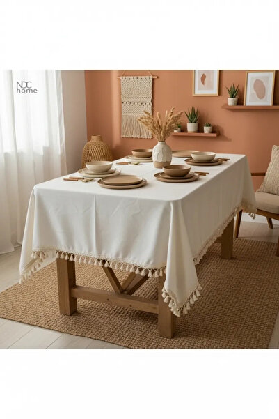 NDC HOME Organik Ham Keten Krem Pasalı Saçaklı Masa Örtüsü