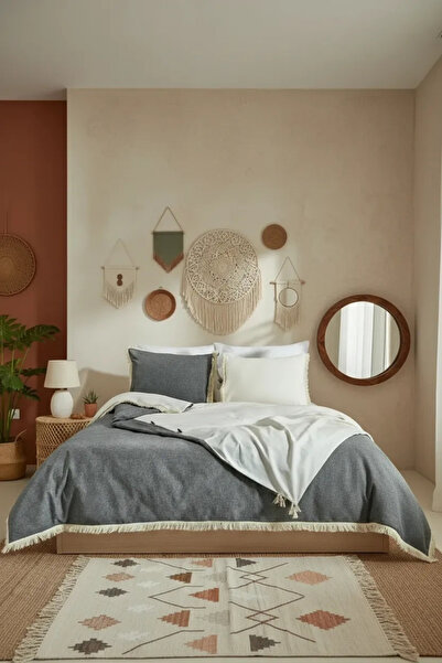 NDC HOME طقم غطاء لحاف فردي من الكتان مزين بشرابة مزدوجة اللون (أنثراسيت - كر...