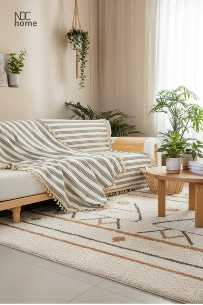 NDC HOME Premium platneni bež prugasti smeđi pokrivač za sofu sa pomponima - ...